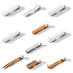 Trucks with semitrailers detailed isometric icon set, rear view