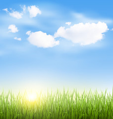 Plakat Green grass lawn with clouds and sun on blue sky