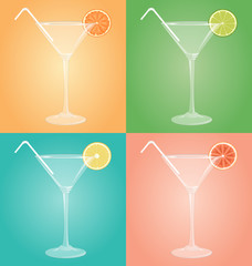 Empty glasses for martini with citrus and plastic tube on differ