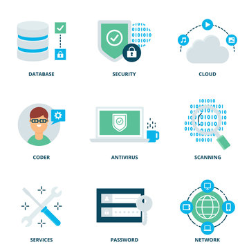 Computer network and security vector icons set modern flat style