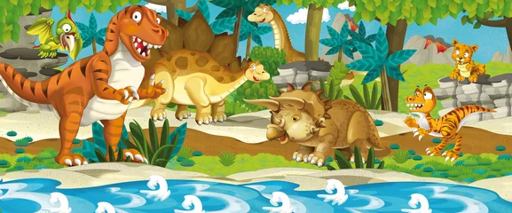 Photo sur Plexiglas Dinosaures Terre de dinosaure de dessin animé - illustration pour les enfants