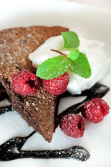 brownie with raspberry and fresh mint