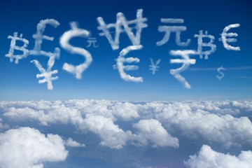 Currency cloud symbol like dollar, euro, pound, baht ,yen are floating over sky