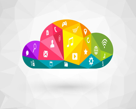 Colorful polygon cloud with icons. Cloud computing and multimedia concept.