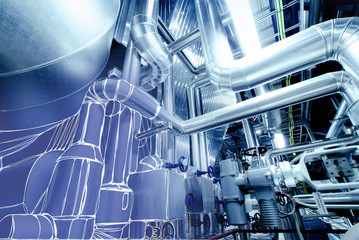 Illustration of Equipment, cables and piping inside power plant