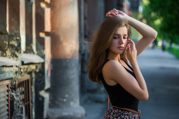 Girl with red lips in  wearing
