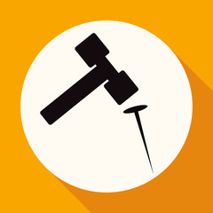 Icon hammer and nail on white circle with a long shadow