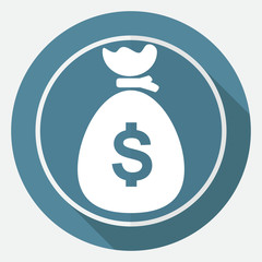 Icon Money bag on white circle with a long shadow
