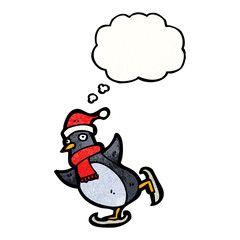 cartoon ice skating penguin with thought bubble