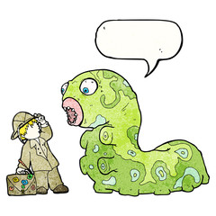 cartoon explorer boy and giant caterpillar