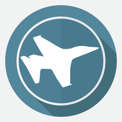 Icon airplane on white circle with a long shadow