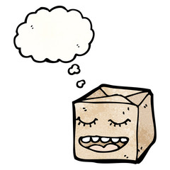 cartoon wrapped parcel with thougth bubble