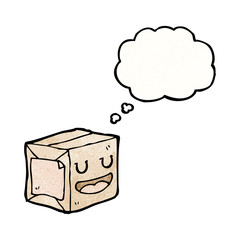 cartoon wrapped parcel with thougth bubble