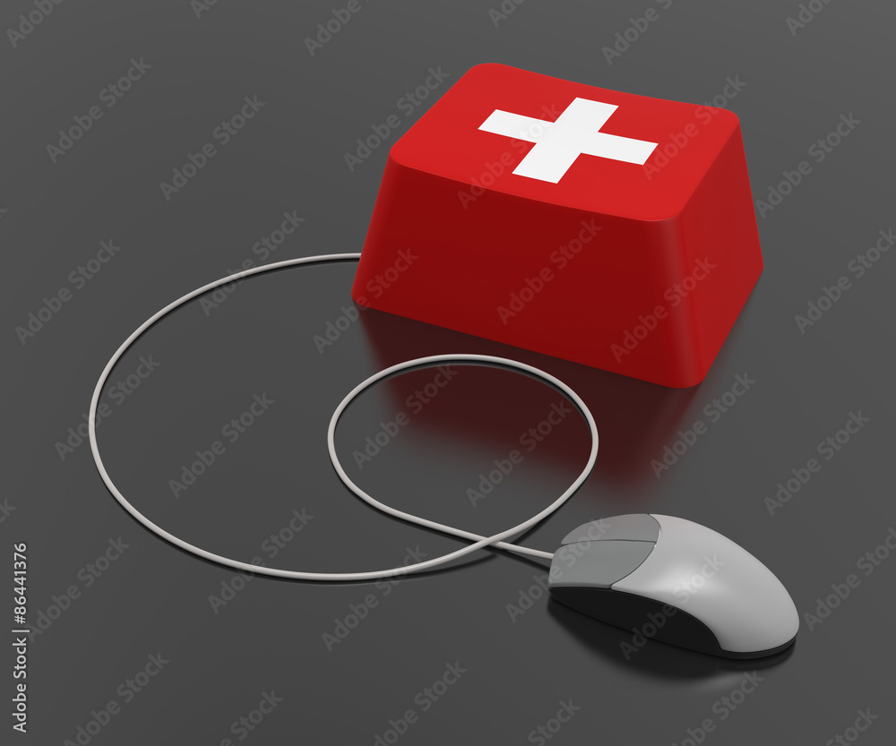 Poster computer first aid sign keyboard keys and computer mouse on blac