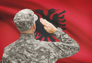 Soldier in hat facing national flag series - Albania