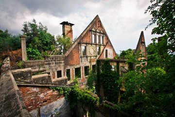Obraz premium Abandoned red mansion in the jungle