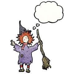 cartoon witch with thought bubble