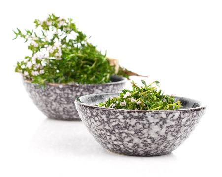 Thyme in bowl isolated on white background.