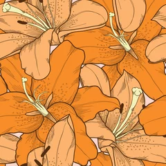 Tapeten Schöner nahtloser Hintergrund mit Handzeichnung der orange Lilien. © Hulinska Yevheniia