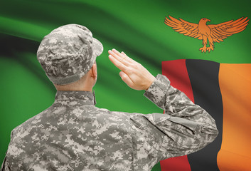 Soldier in hat facing national flag series - Zambia
