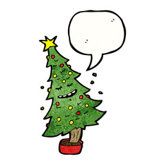 cartoon christmas tree with speech bubble