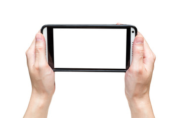 hand woman teking photo with smartphone on isolated, clipping pa