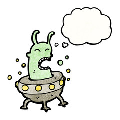 cartoon alien in flying saucer