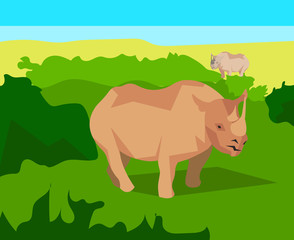Rhino on background bushes, animals and nature