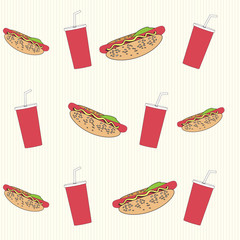 Seamless background with hot dogs and drinks