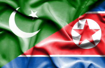 Waving flag of North Korea and Pakistan