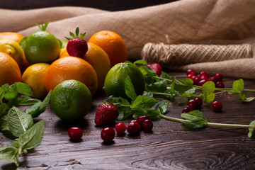 Fresh mint, fruits and berries.