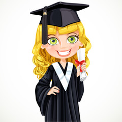 Cute girl in cap holding a scroll diploma