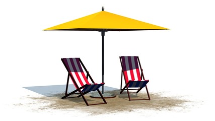 deck chairs and umbrella - separated on white background