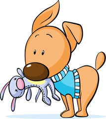 cute dressed dog hold toy in mouth isolated on white - vector illustration