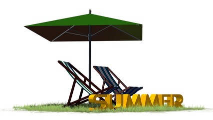 Fototapeta premium summer lettering with deck chairs and umbrella - separated on white background