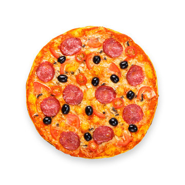 Delicious pizza with salami, mushrooms and olives
