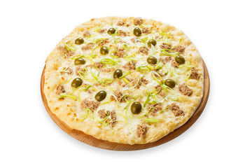 Delicious seafood pizza with olives