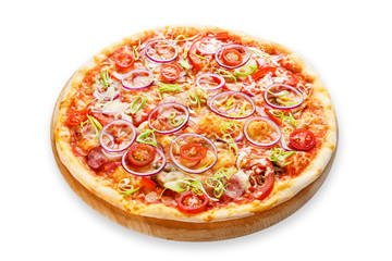 Delicious pizza with onions, bacon and cherry tomato