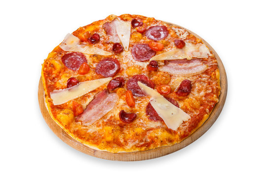 Delicious italian pizza with salami, bacon and parmesan