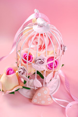 roses in pink metal cage