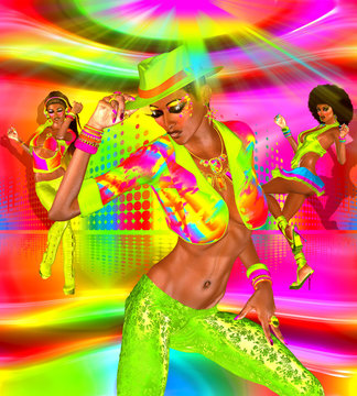 Party girls , disco dancing the night away! Our unique digital art designed girls are perfect for party fliers or projects and web sites with vintage and retro dance party themes.