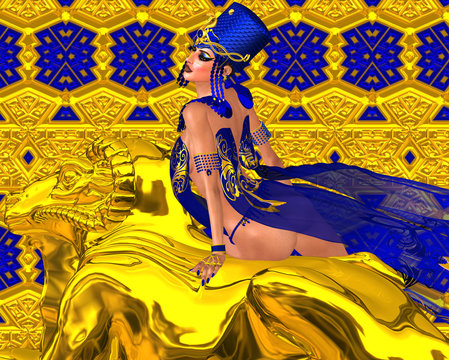 Egyptian woman adorned with gold jewelry, sits on top of a golden ram statue.  A colorful outfit, matching cosmetics and background all come together to complete this Egyptian digital art fantasy
