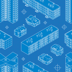 Blueprint dwelling buildings seamless pattern