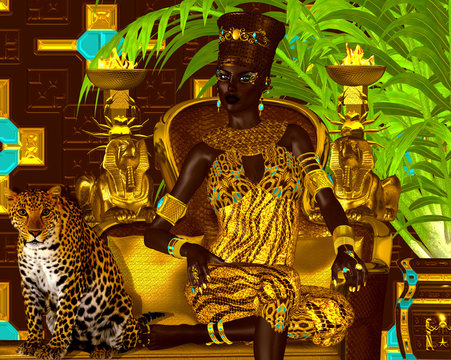 Nubian Princess. Seated on a gold chair with a leopard at her feet she exudes wealth, power and beauty. A fantasy digital art scene.