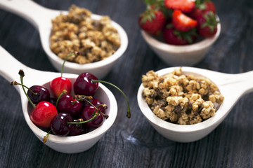 Tasty breakfast. Strawberries, cherries and cereal