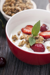 Excellent breakfast. Breakfast cereal with yoghurt and strawberr