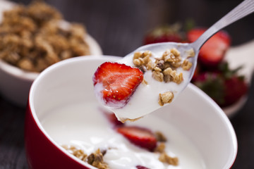 Excellent breakfast. Breakfast cereal with yoghurt and strawberr