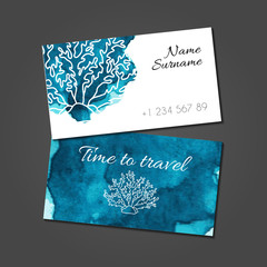 Business card with coral on blue watercolor stain