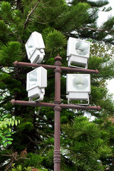 Group of outdoor halogen spotlight mounted on tower