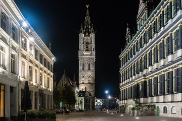 Fototapeta na wymiar Old European Medieval Square and Belfort Tower in Ghent